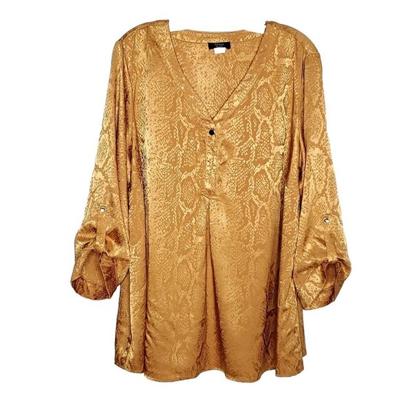 Cocomo Womens Blouse 1X Animal Print Jacquard Roll Tab Sleeve Drk Mustard Yellow - Picture 1 of 4